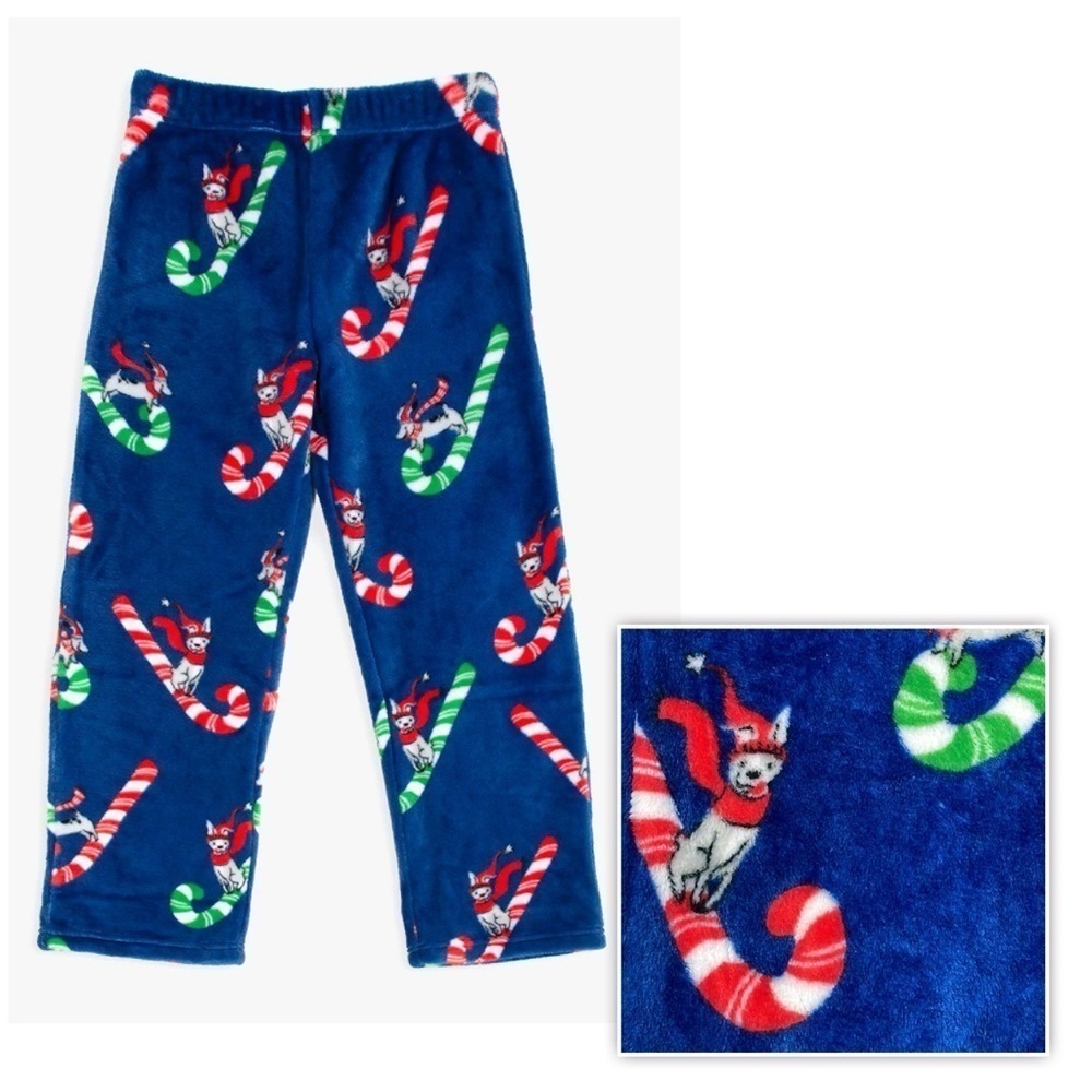 NWT Munki Munki Soft Fleece Candy Cane Dog Pajama Pants Blue Sz 20